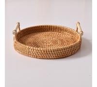 1 pièce Plateau rond en rotin tressé fait main de style japonais avec double poignée, rangement pour petit-déjeuner et fruits, assiette à desserts et fruits, présentoir à pain et petits pains, plateau