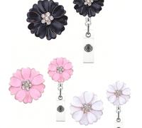 1 pièce Porte-badge extensible en alliage de fleur de camélia avec strass et clip pivotant pour infirmiers, étudiants, cadeaux noir,rose,BlancABS