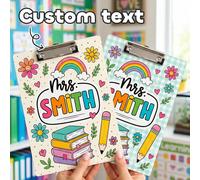 1 pièce Porte-bloc personnalisé avec fleurs et nom de l'enseignant, fournitures scolaires, cadeau de rentrée scolaire/appréciation de l'enseignant, porte-bloc à motif pois/grille avec clip métallique,