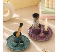 1 pièce Porte-bougie d'aromathérapie en céramique, plateau de brûleur d'encens vintage, support multi-usage pour Palo Santo & sauge avec support de bougie chauffe-plat, plat décoratif de parfum pour s