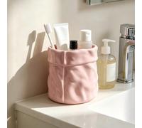 1 pièce Porte-brosse à dents en forme de sac plissé, tasse de rangement de comptoir de salle de bain de style minimaliste moderne Ins, organisateur de produits de toilette de couleur macaron crème et 