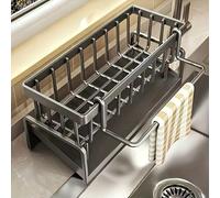 1 pièce Porte-éponge d'évier de cuisine, organisateur d'évier auto-drainant avec plateau de vaisselle amovible, support de brosse de distributeur de savon, convient pour la salle de bain, noir avec po