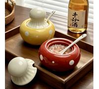 1 pièce Pot à épices en céramique en forme de champignon mignon avec cuillère, boîte de rangement multifonction pour sel & sucre, pot de rangement de cuisine, pot à café & sucre, ustensile pour le thé
