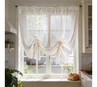 1 pièce Rideau beige bohème rayé à nouer pour fenêtre de cuisine filtrant la lumière, rideau court transparent réglable en forme de ballon pour fenêtre de salle de bain ou de café, décoration de maiso
