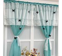 1 pièce Rideau en voile bleu, panneau de rideau romantique français en dentelle à volants pour cuisine, salle de bain, café, style de ferme, matériau en lin transparent, lavable, conception à passant 