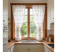 1 pièce Rideau en voile rose style princesse coréen avec pompon moelleux blanc et bordure en dentelle. Convient pour la décoration de mariage, la chambre d'enfant, le salon et la chambre à coucher. Co