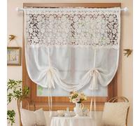 1 pièce Rideau voile en lin style bohème avec fleurs et dentelle réglable. Convient pour petites fenêtres. Rideau voile élégant à effet ballon pour cuisine, chambre à coucher. Rideau voile réglable po