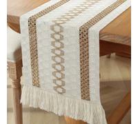 1 pièce Runner de table vintage en lin tissé à franges, napperon de table en crochet de style ferme pour tables de café, commodes, meubles TV, tables de salle à manger, décoration de maison, intérieur