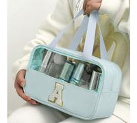 1 pièce Sac à maquillage transparent avec lettre, nouveau sac cosmétique carré à couleur unie à lettre brodée, sac de rangement pour cosmétiques en PVC imperméable et chenille avec lettre minimaliste,