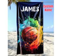 1 pièce Serviette de plage personnalisée avec un design de fond thématique de basket-ball dessiné à la main. Vous pouvez la personnaliser avec votre nom. Idéal pour une utilisation à la plage, au bord