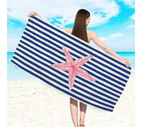 1 pièce Serviette de plage rayée bleue, grande serviette de plage à imprimé minimaliste rayé avec étoile de mer, serviette de plage en fibre ultra-fine à séchage rapide, absorbante et résistante au sa