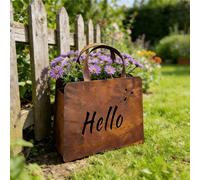1 pièce Statue de jardin en fer vintage en forme de sac à main avec les panneaux "Hello" et "Welcome", sculpture de jardin en fer rouillé élégante, mini jardinière, cadeau de vacances parfait pour la 