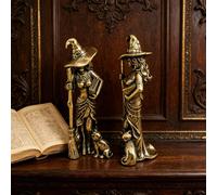 1 pièce Statue de sorcière vintage en laiton avec balai et livre - Sculpture de magie de film, objet de collection en métal pour bureau, convient pour la décoration de la maison, l'étude, l'ornement d