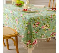 1 pièce Style campagnard américain Nappe verte avec rose et gland, décoration de table de maison pour le printemps/été, housse de table à manger rectangulaire lavable, table basse, table de chevet, co
