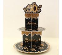 1 pièce Support de gâteau/cupcake "Happy 30th Birthday" noir et or, décorations de fête d'anniversaire de 30 ans noir et or, décoration de gâteau DIY, plateau à gâteau, présentoir à aliments/support à