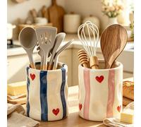 1 pièce Support d'ustensiles de cuisine mignon en forme de cœur à rayures, convient pour le comptoir de cuisine, décoration de cuisine de style rustique, utilisé pour ranger les cuillères, les spatule