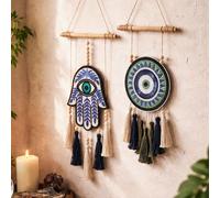 1 pièce Suspension murale macramé main de Fatma avec œil mauvais, pompons bleus et blancs, décoration murale bohème, perles en bois art bohème pour la maison spirituelle, le studio de yoga, la salle d