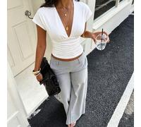 1 pièce T-shirt élégant pour femmes, col en V profond, ajusté, en tricot unicolore, semi-transparent et sexy. Convient pour l'été, le travail, les vacances et les sorties, couleur blanche L,M,S,XSUnic