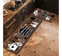 1 pièce Tapis de cuisine en terre de diatomée, fond brun chaud avec ustensiles de cuisine blancs, cœur rose et éléments de texte noir & blanc, motifs d'ustensiles de cuisine mignons comme bouilloire, 