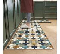 1 pièce Tapis de cuisine en terre de diatomée vintage usé bleu & marron avec motif de diamant marocain, fond antidérapant en caoutchouc, absorbant l'eau & résistant à l'huile, 3,5 mm taillable, décora