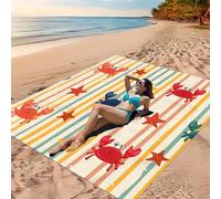 1 pièce Tapis de plage surdimensionné 240x185cm à rayures verticales blocs de couleurs vintage avec imprimé crabe & étoile de mer, crabe de dessin animé rouge & bleu avec étoile de mer dorée, style oc
