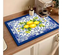 1 pièce Tapis de séchage absorbant en boue de diatomée à motif citron bleu & blanc, tapis absorbant d'eau pour comptoir de cuisine, tapis pour machine à café, tapis pour cafetière à filtre, tapis de d