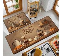 1 pièce Tapis de sol de cuisine thème café vintage, ustensiles de café et pain croissant imprimés à la main, résistant à l'huile et absorbant, tapis de pied antidérapant style de cuisson confortable, 