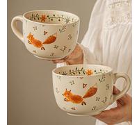 1 pièce Tasse à soupe en céramique vintage avec renard et fleurs, grande capacité, 26oz (780ml), style bol de petit-déjeuner surdimensionné, tasse en porcelaine avec imprimé mignon d'animaux de la for