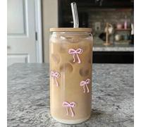 1 pièce Tasse en verre avec couvercle et paille en bambou, tasse en forme de canette de bière, tasse à eau, tasse à café glacé, tasse à milkshake, tasse à fruits, tasse à jus, imprimé nœud rose, réuti