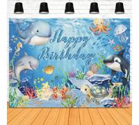 1 pièce Toile de fond de décoration de table de gâteau d'anniversaire avec thème d'animaux marins de bande dessinée, dauphins, tortues et autres créatures marines. Arrière-plan de photographie de port