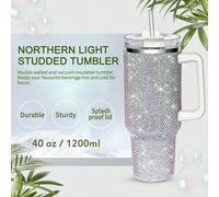 1 pièce Tumbler de 40 oz avec poignée et couvercle avec paille, Tumbler strass et diamants, Tasse à eau isotherme en acier inoxydable, Mug de voyage à double paroi adapté pour porte-gobelet de voiture