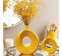 1 pièce Vase à fleurs en résine de forme de donut minimaliste jaune-orange, pièce de décoration créative convenant pour la maison, la chambre, le mariage, la table de café, le bureau, l'appui de fenêt