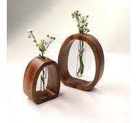 1 pièce Vase en bois de noyer massif + Tube à essai en verre transparent, Arrangement de fleurs fraîches hydroponiques, Vase mural vintage, Art floral de bureau pour cérémonie du thé Zen, Décoration h
