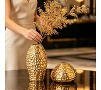1 pièce Vase en céramique à bordure dorée de luxe, ensemble de 2 pièces, texture martelée haut de gamme pour arrangement floral, décoration de table pour salon et entrée Vase à double anse en nid d'ab