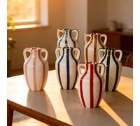 1 pièce Vase en céramique rayé de style rétro minimaliste, vase à fleurs rayé peint à la main à deux anses, décoration de maison pour fleurs séchées/fraîches, décoration de fête, décoration de mariage