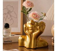1 pièce Vase moderne en or avec visage abstrait, vase de sculpture de luxe en résine, décoration de maison nordique esthétique, ornement de bureau artistique, centre de table de salon, cadeau unique p