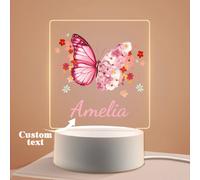 1 pièce Veilleuse LED à illusion lumineuse 3D personnalisée avec nom, papillon rose et fleurs, lampe de bureau à lumière chaude, cadeau unique et personnalisé pour elle, amis, fils, fille, décoration