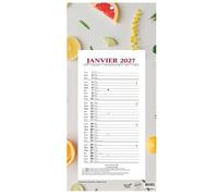 1 Plaque Calendrier Mensuel Long - Motifs Agrumes - Janvier 2027 à Décembre 2027 - Format 16 x 33,3 cm