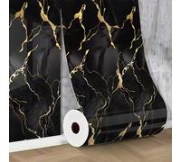 1 rouleau de papier peint vinyle à motif marbre, base noire avec texture dorée, autocollant imperméable et amovible, sticker mural de cuisine, design rayé et façonné, décoration murale détachable 40*3