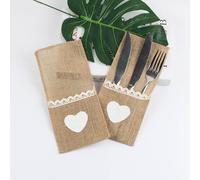 1 set - 2/6/12 pièces Sacs de support de couverts en lin en forme de cœur, décoration de table de dîner de mariage de la Saint-Valentin à la maison, pochette de ustensiles de table en dentelle pour ma