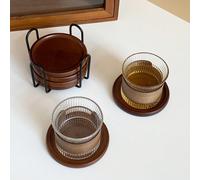 1 set/6 pièces Dessous de verre en bois avec support, isolant thermique antidérapant, dessous de verre en bois simples, support de dessous de verre noir et doré, convient pour la décoration de la mais
