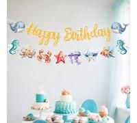 1 set Bannière d'anniversaire thème océan, Joyeux anniversaire Bannière suspendue avec motif d'animaux marins, Décoration d'arrière-plan d'anniversaire, Fournitures pour fête d'anniversaire 1er annive