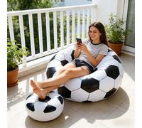 1 set Canapé de football gonflable, canapé paresseux, canapé simple, chaise de soccer noir et blanc avec repose-pied - chaise de camping, canapé gonflable portable, chaise de loisirs d'intérieur et d'