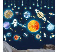 1 set d'autocollants luminescents d'étoiles, de planètes, de Mars et d'espace pour la décoration : satellite, Terre, OVNI, système solaire, astronaute et autocollants de fusée lumineux. Convient pour 