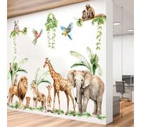 1 set d'autocollants muraux d'animaux de la jungle, comprenant des palmiers, une forêt, une girafe, un tigre, un éléphant et des oiseaux, convenant à la décoration murale de la chambre, de la salle de