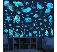 1 set d'autocollants muraux fluorescents avec motif d'animaux marins et d'étoiles ; décalcomanie artistique créative du monde sous-marin ; autocollant mural qui brille dans le noir ; convient pour la 