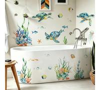 1 set de 2 pièces Stickers muraux représentant la vie marine, la tortue de mer et les algues ; Autocollants amovibles, auto-adhésifs, imperméables en PVC au thème océanique ; Convient pour les chambre