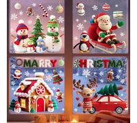 1 set de 4 nouveaux autocollants de fenêtre statiques de style tricoté pour Noël, avec le Père Noël, un bonhomme de neige, une voiture, un flocon de neige, le texte anglais Polychlorures de vinyle