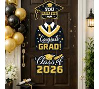1 set Décoration de porte pour fête de remise des diplômes, rideau de porte en papier noir et or avec motif de toque et robe de graduation, peut être utilisé comme toile de fond pour photo, rideau de 