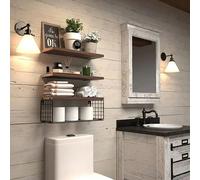 1 set d'étagères flottantes en bois de pin massif rustique avec panier à papier toilette, organisateur mural de salle de bain noir,gris,couleur légèrement brûlée,brunbois